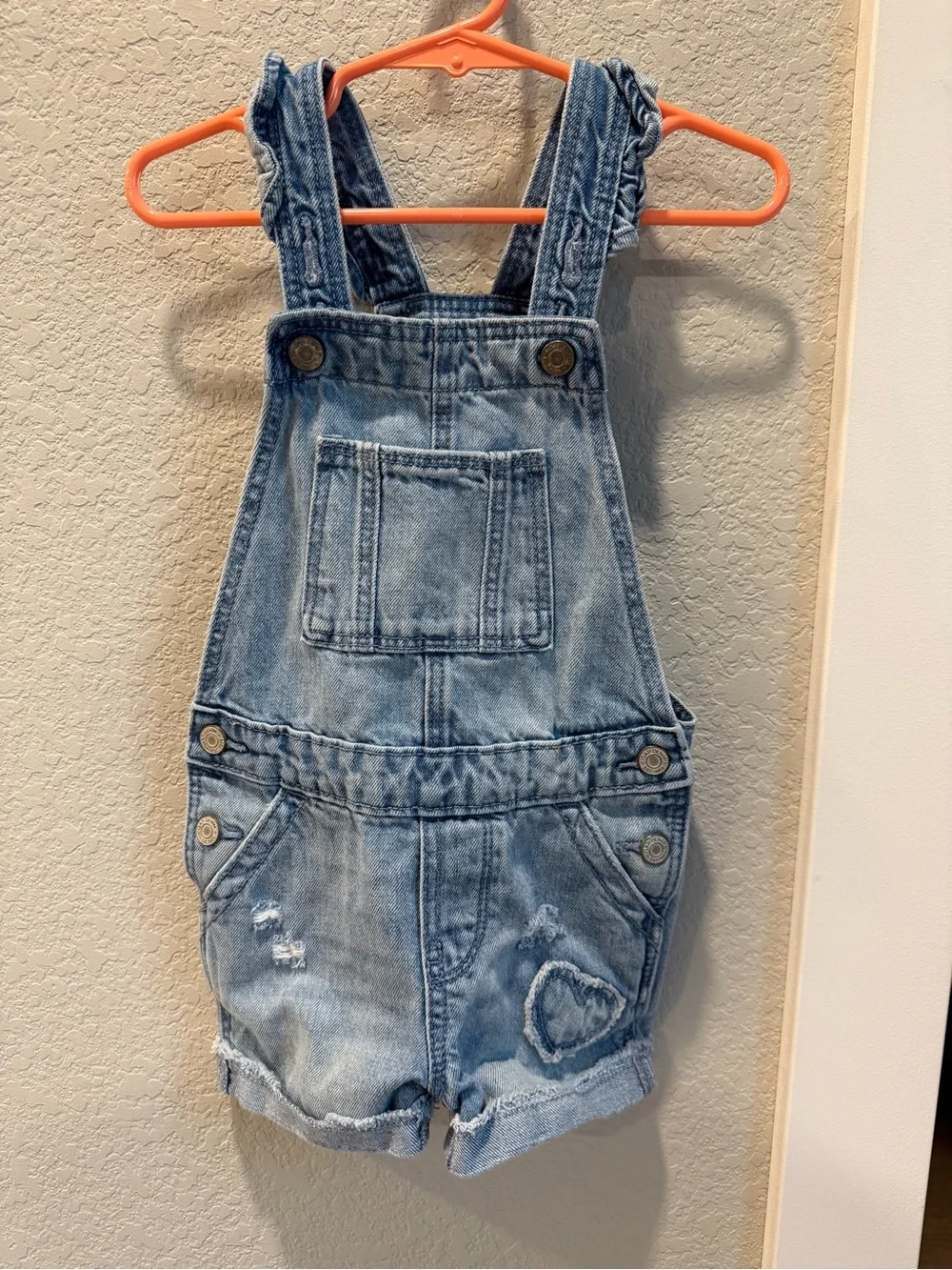 GAP Light Blue Denim Short Overalls with Heart Patch